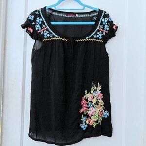 Johnny Was Cupra Rayon Floral Embroidered Short Sleeve Top Black Size S